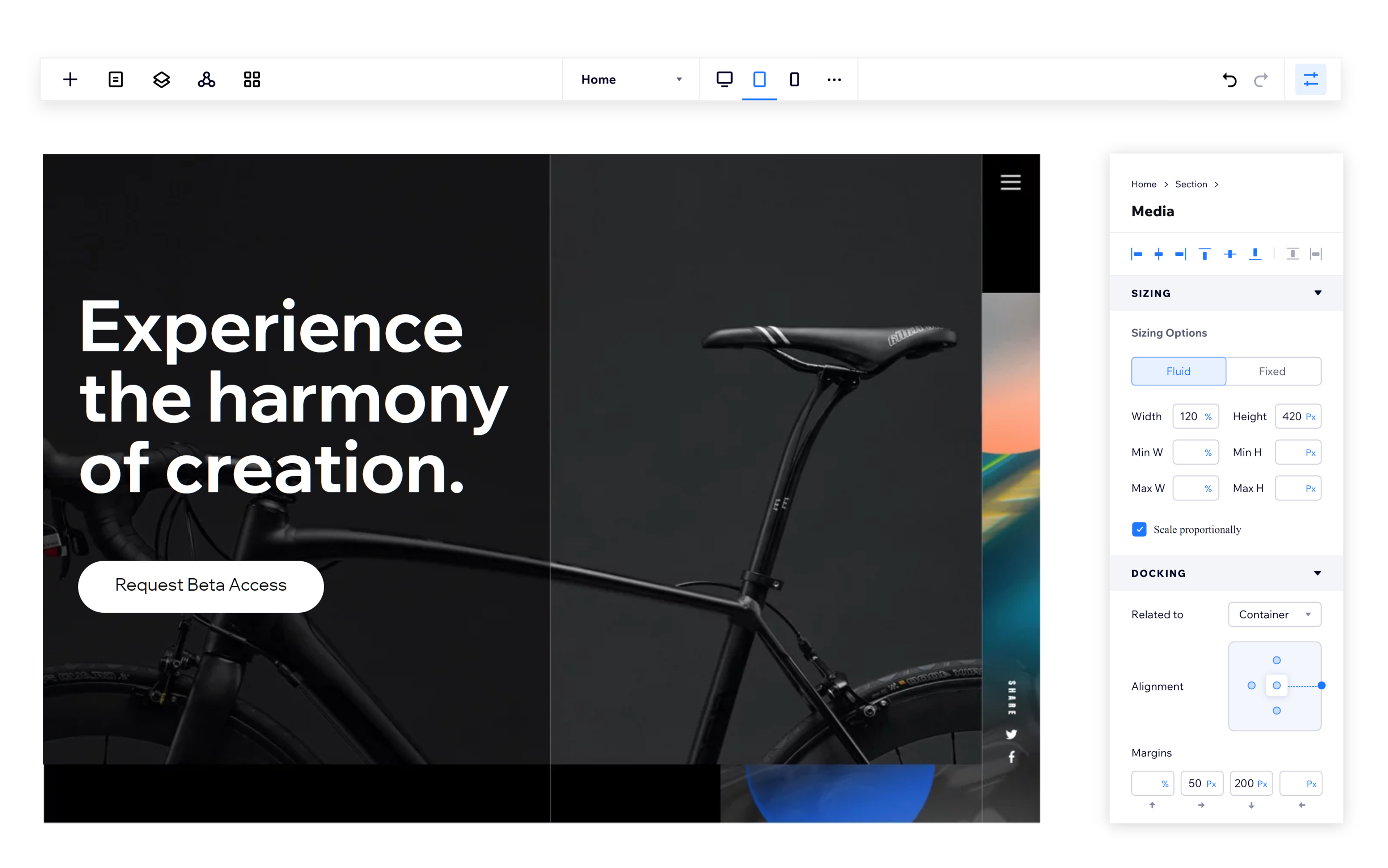 The EditorX editor canvas with a site open and the design panel on the right