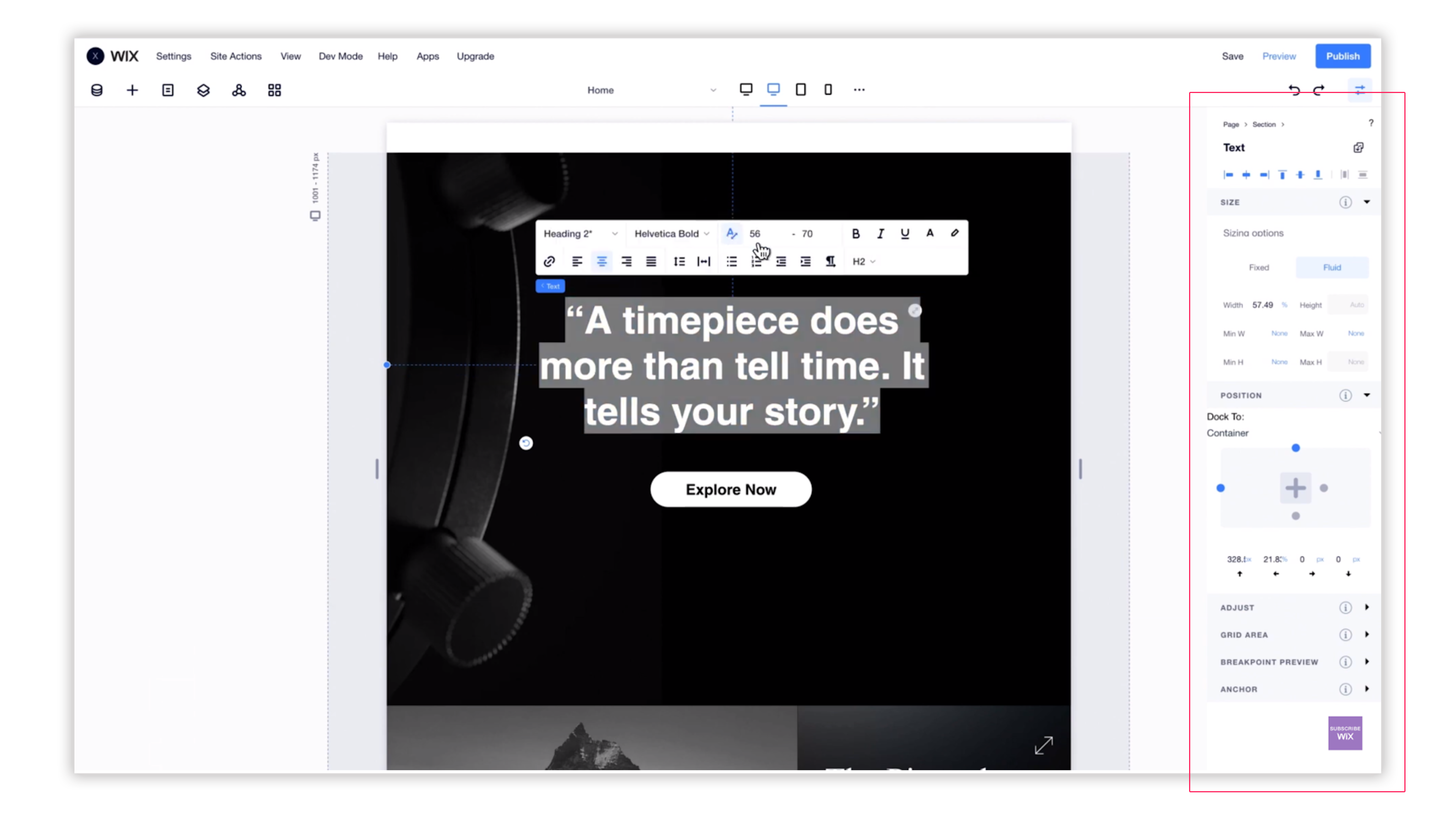 A text element selected in EditorX with its sizing settings