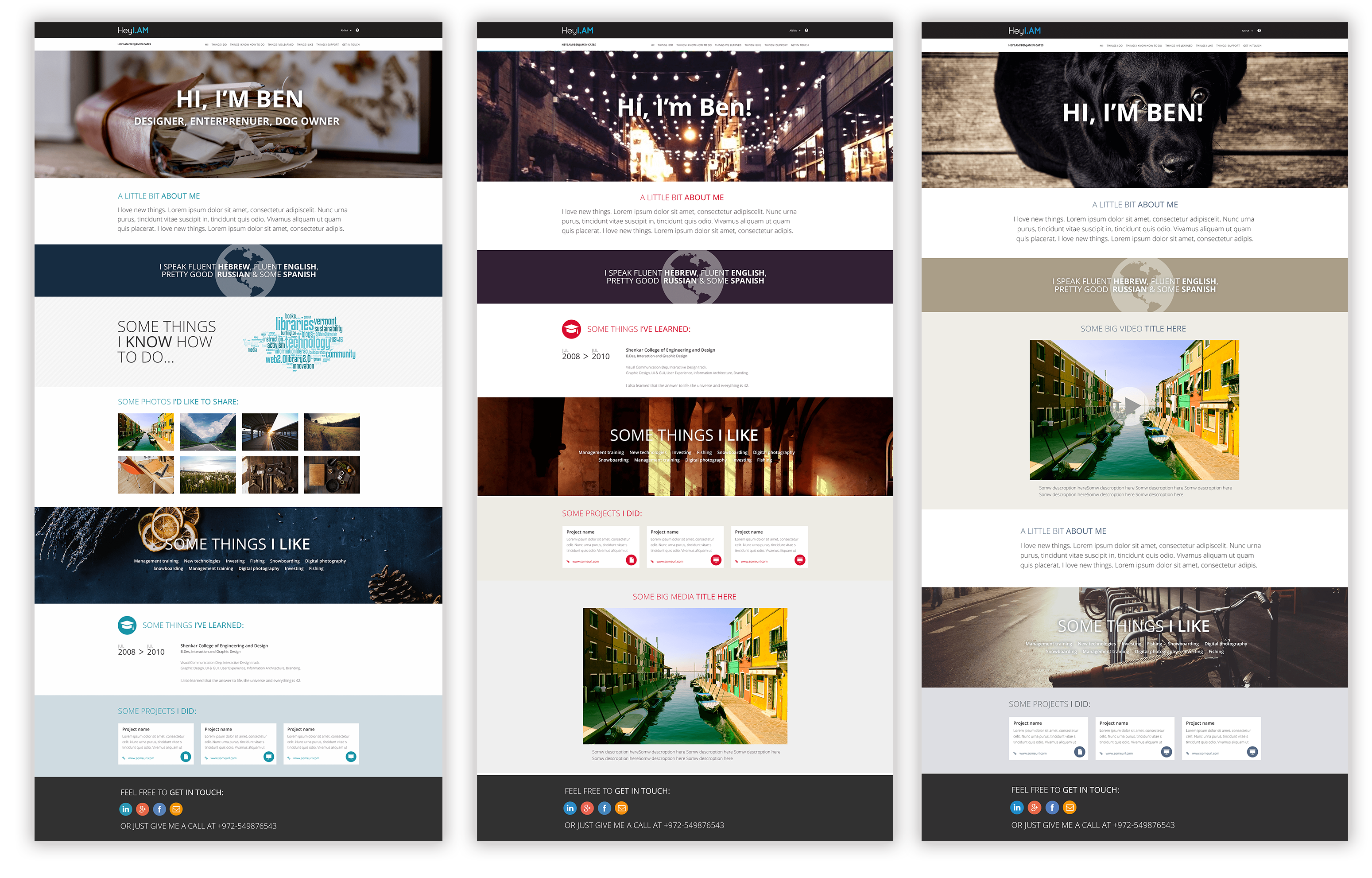 Three HeyI.am template designs using the same blocks in a different order