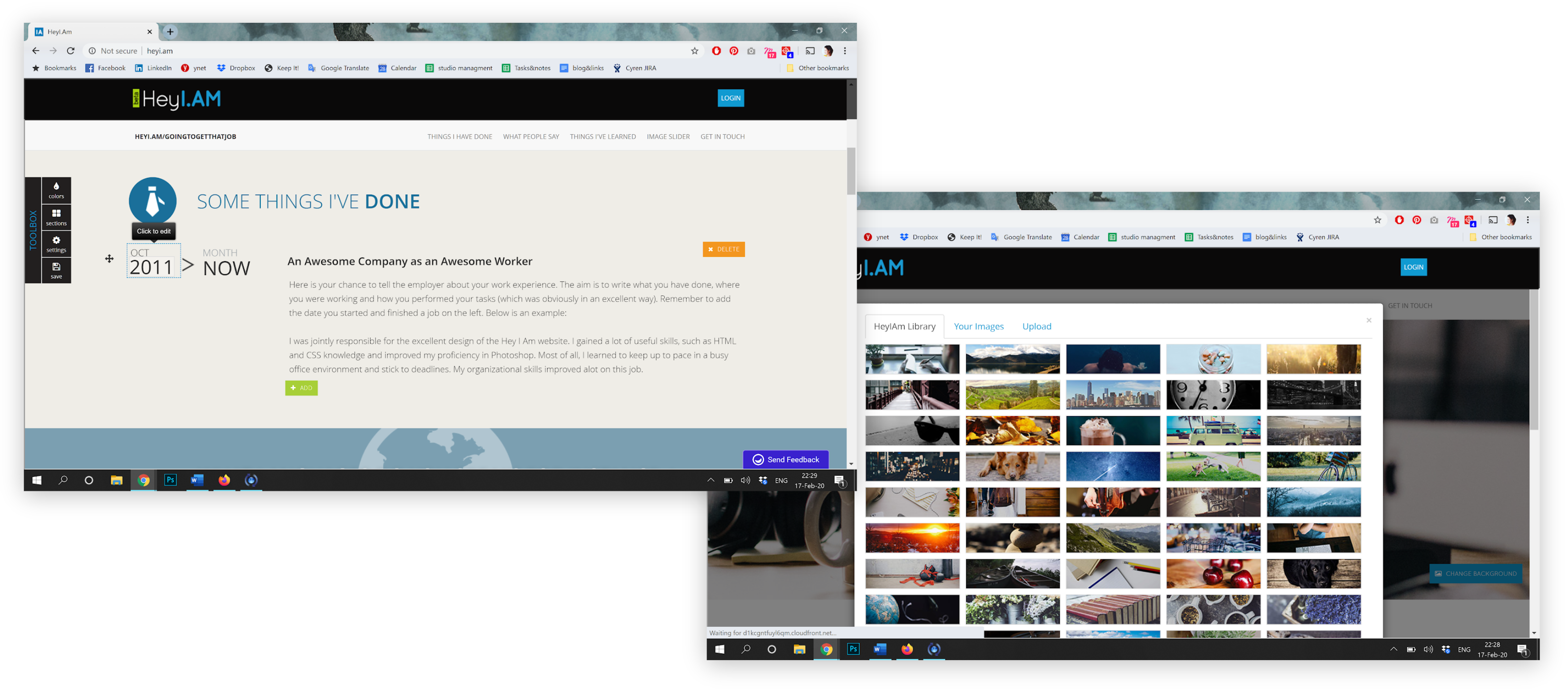 The HeyI.am drag-and-block website builder interface