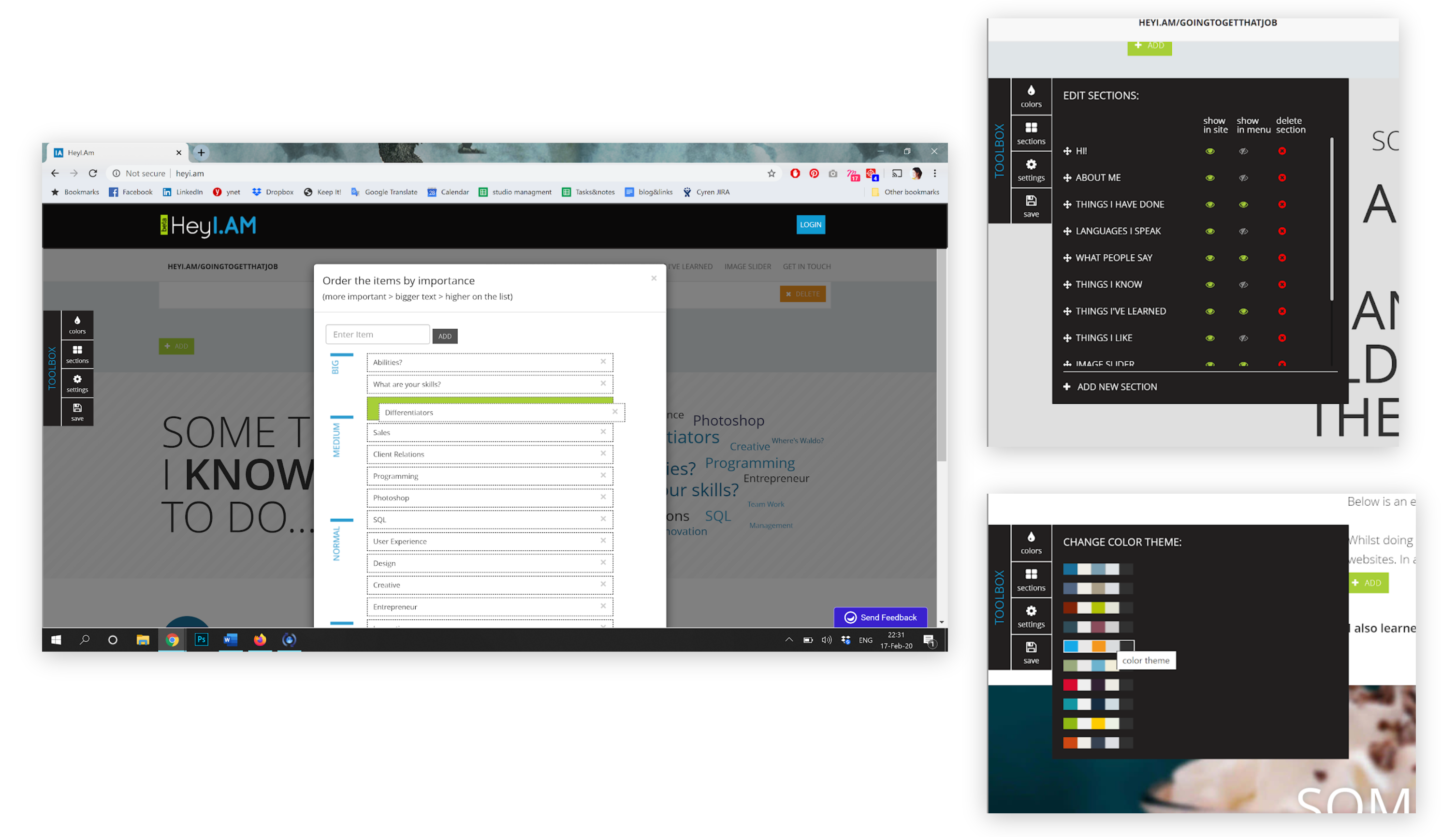 A closer look at the HeyI.am builder editing a page