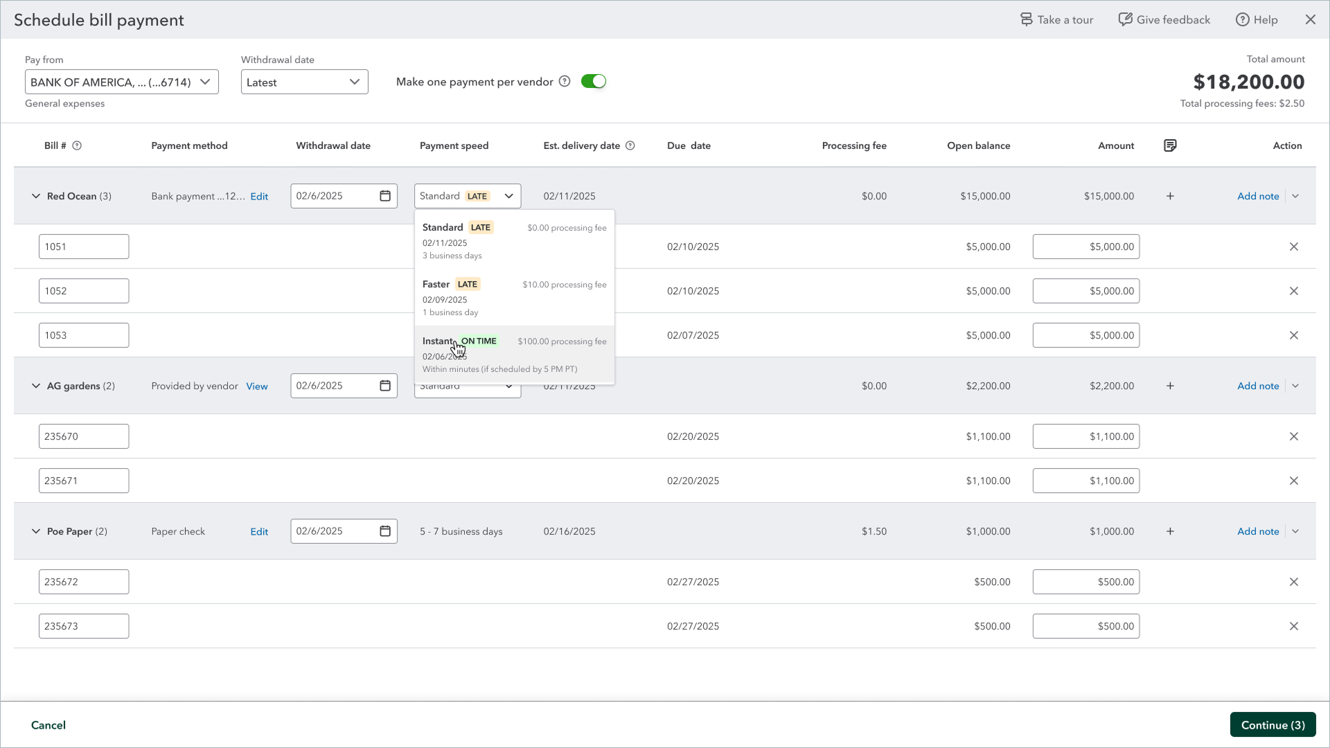 Late and on-time badges shown on payments in the scheduling flow