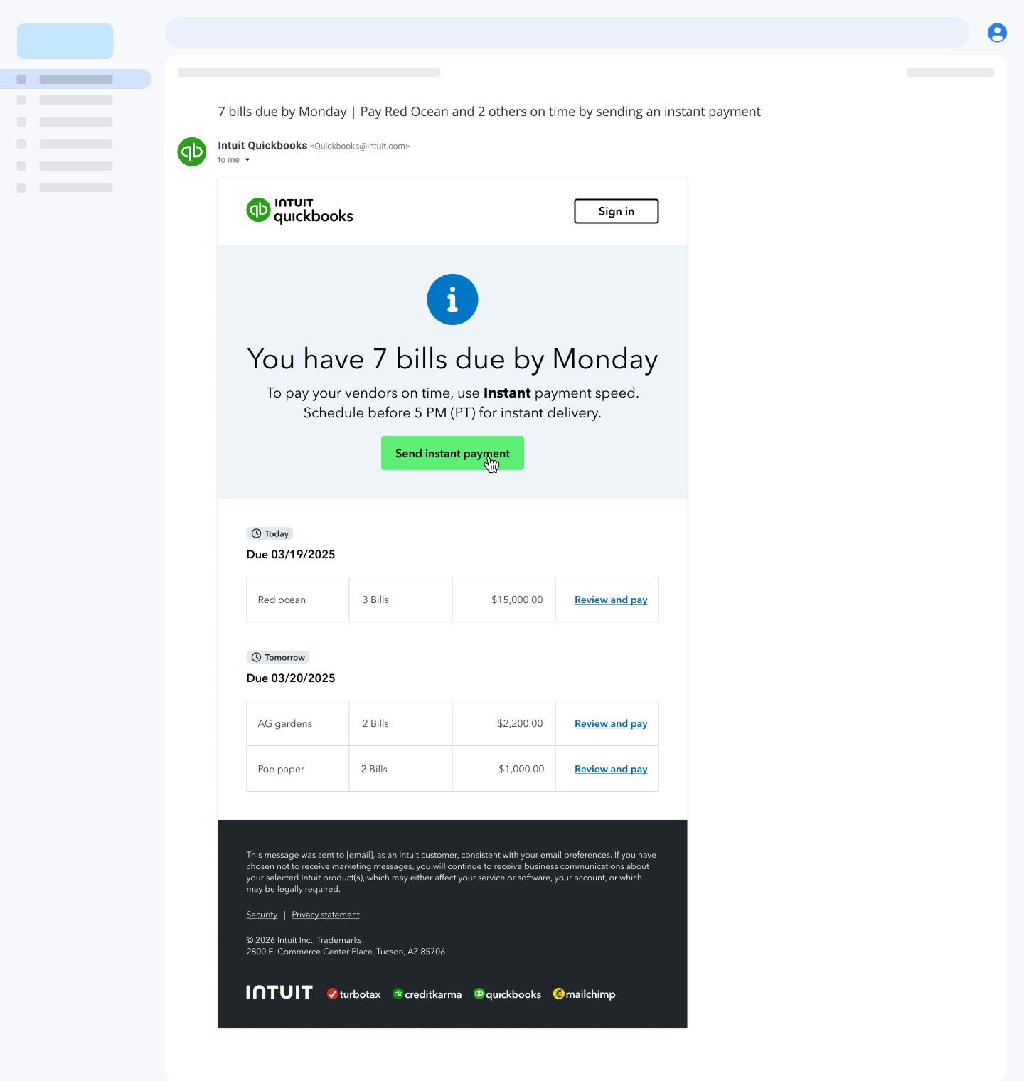 A pre-weekend email digest surfacing instant payments to avoid delays