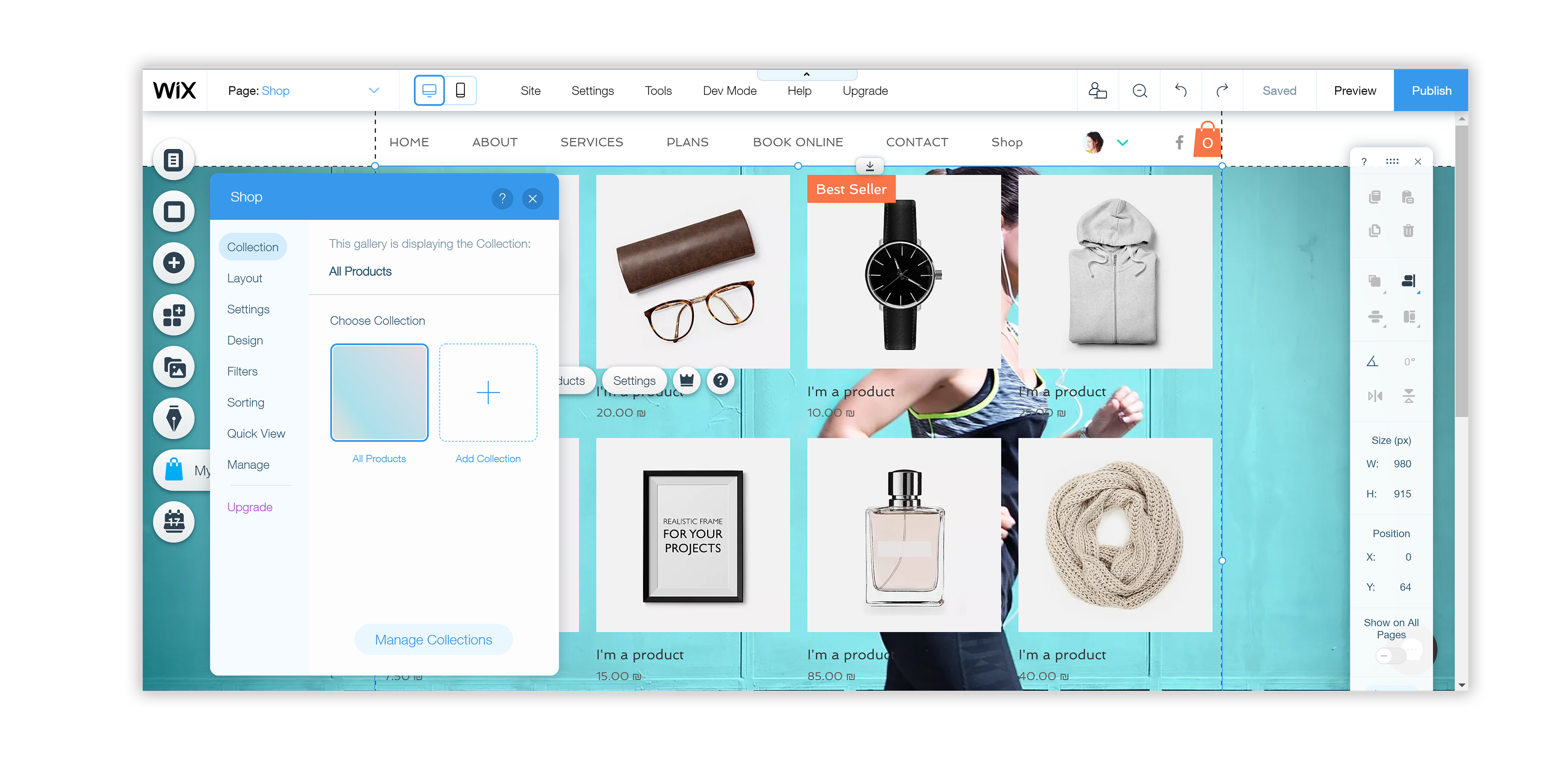 Wix Stores app spanning several pages, databases and components