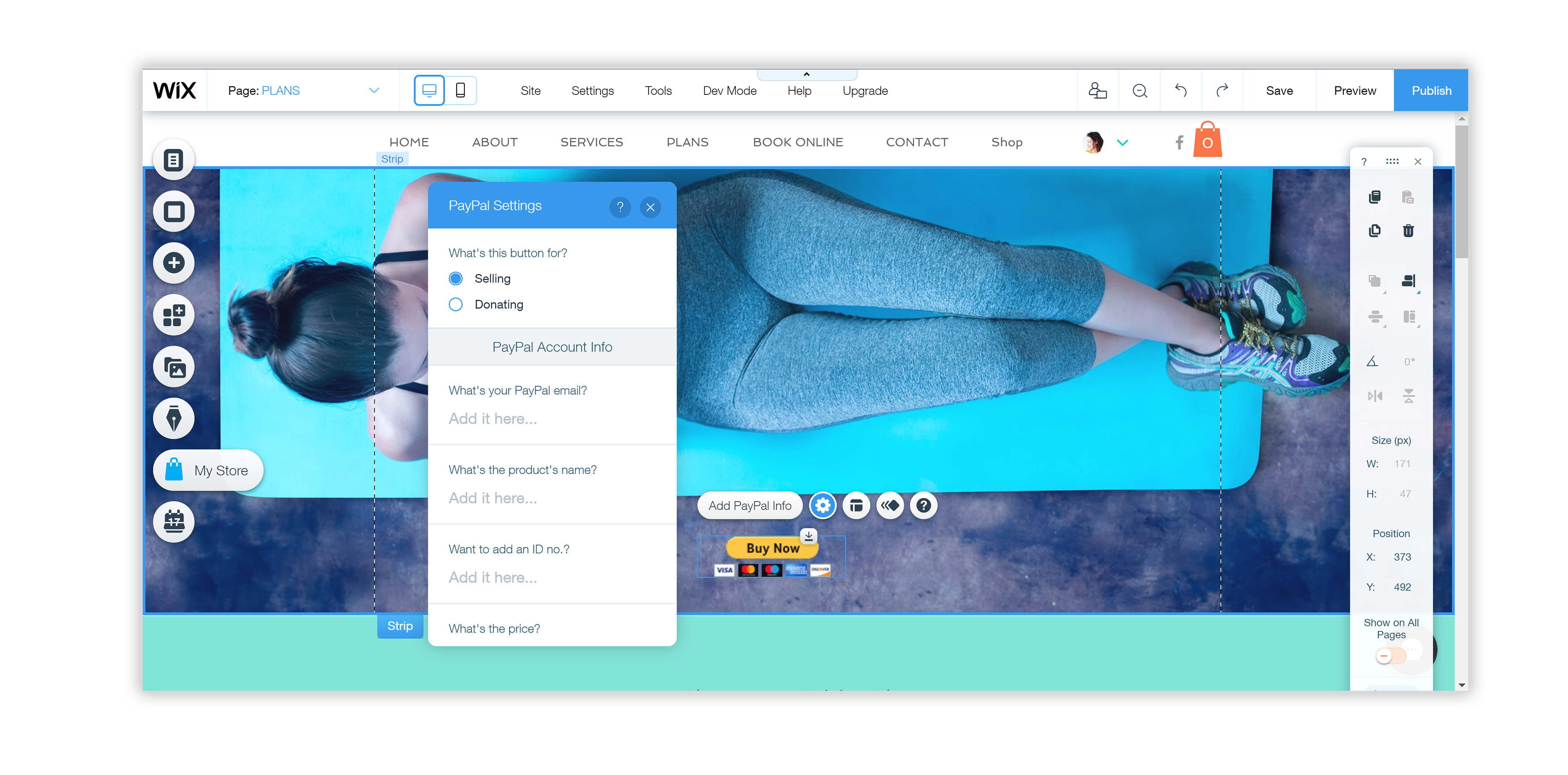 A single PayPal button component in the Wix Editor