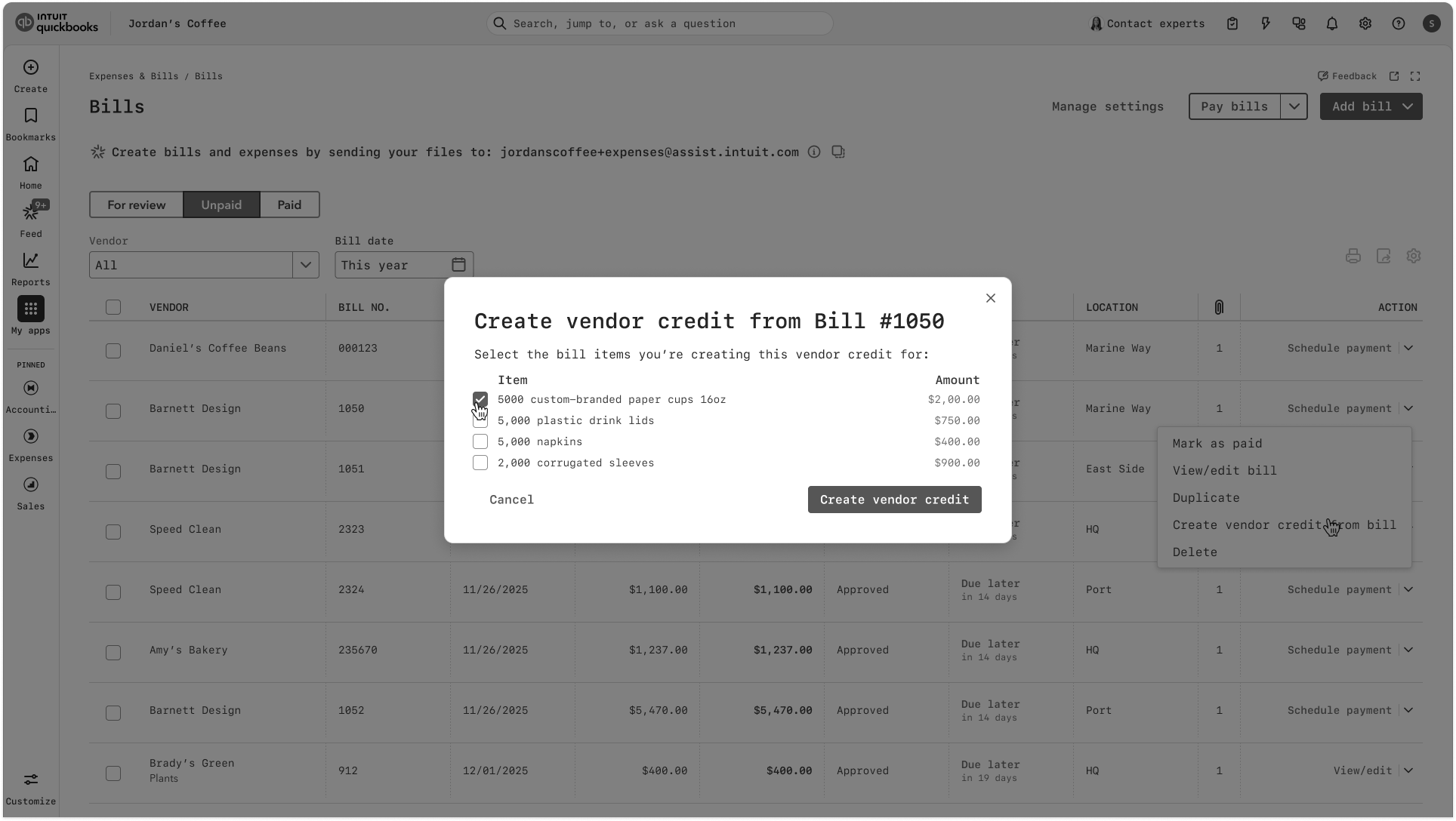 A modal creating a vendor credit directly from a bill, with the damaged line item selected