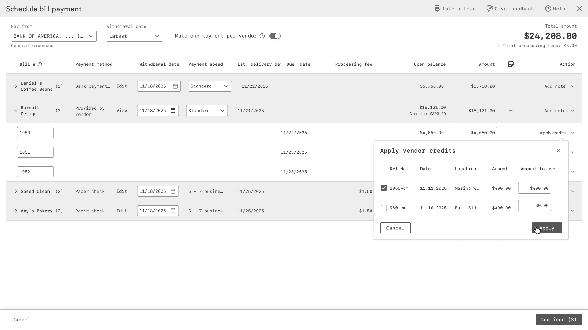 The schedule bill payment screen with an apply-vendor-credits popover, adjusting how much of each credit to use