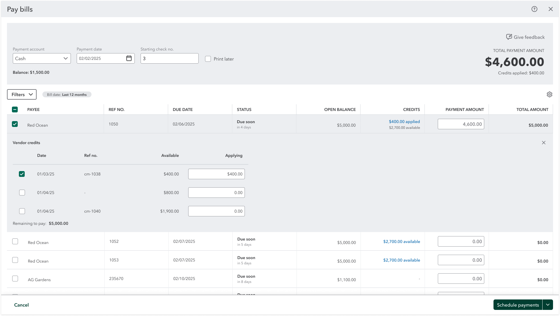 The Pay Bills screen with a bill expanded to show its vendor credits and how much of each is applied