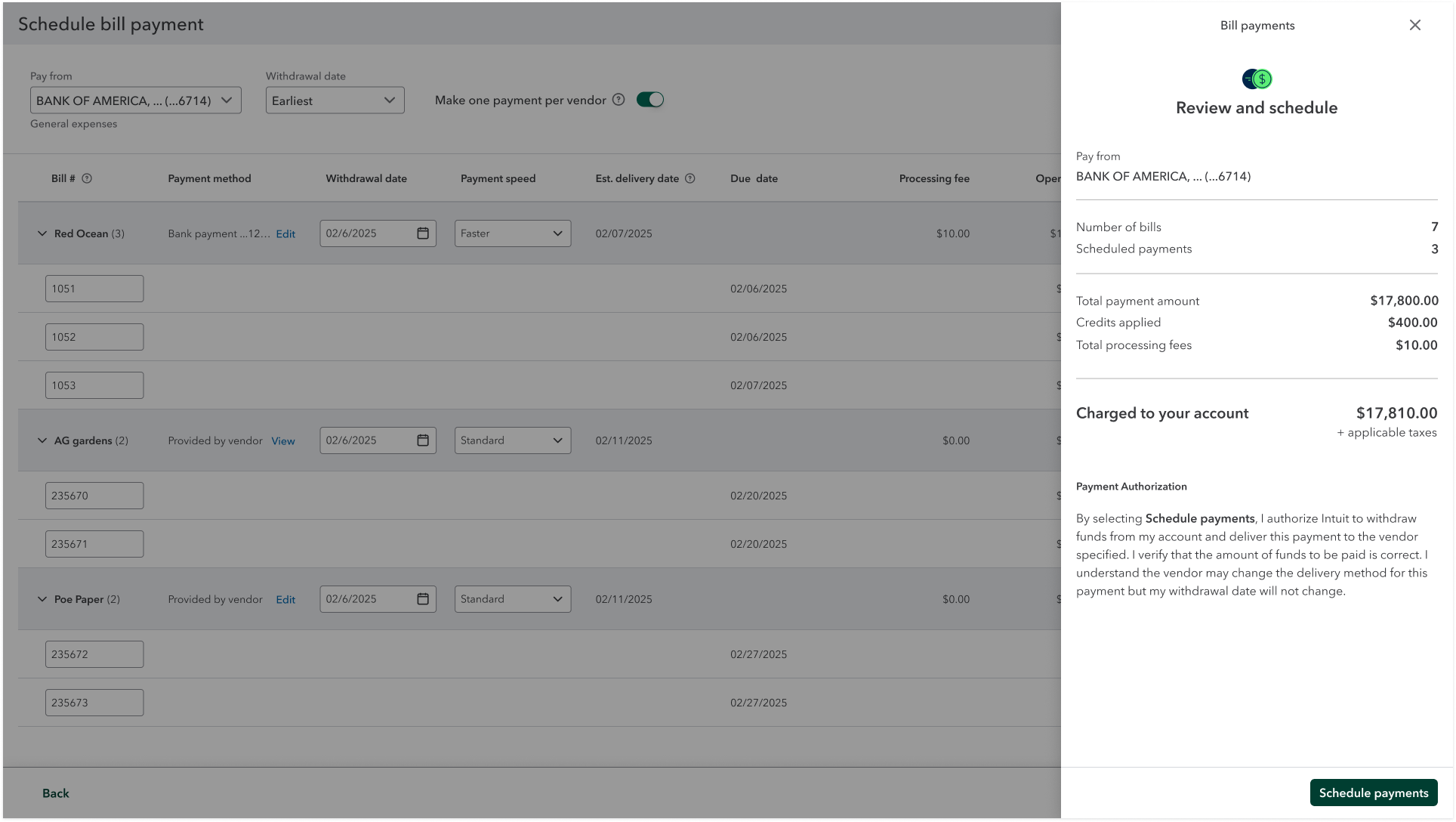 The review-and-schedule summary drawer showing credits applied alongside the total