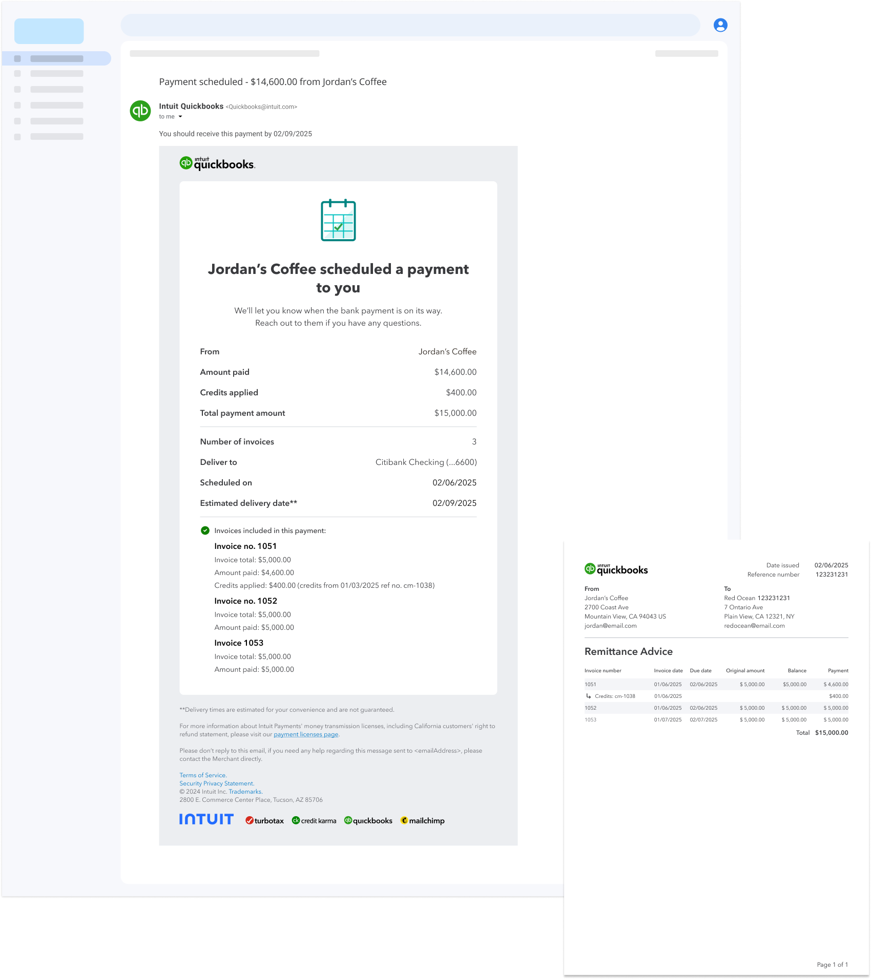 The payment-scheduled email and the automatic remittance advice document, both listing the credits applied